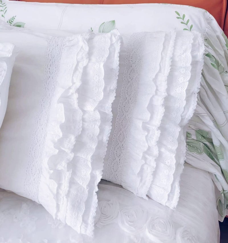 QSH Queens House White Ruffle Pillow Shams Cotton Vintage Embroidery Lace Pillowcases King Size Set of 2 - Image 5